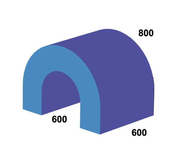 3D-Darstellung eines halbrunden Tunnels mit den Maßen 800x600x600 in Blau- und Violetttönen.