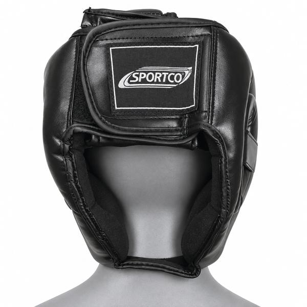 Schwarzer gepolsterter Sportco Kopfschutz für Boxtraining in Rückansicht auf einem grauen Kopfmodell, mit großem Ausschnitt am Hinterkopf und weißem Sportco Logo auf der oberen Polsterung.