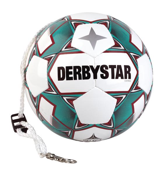 Derbystar Fußball mit Trainingsleine in Weiß, Grün und Rot für Technikübungen.