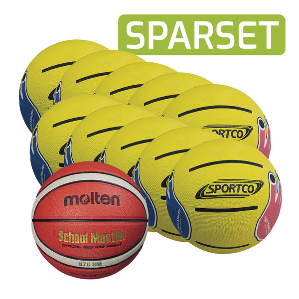Zehn gelbe Sportco Basketbälle und ein roter Molten School Master Basketball im Sparset.