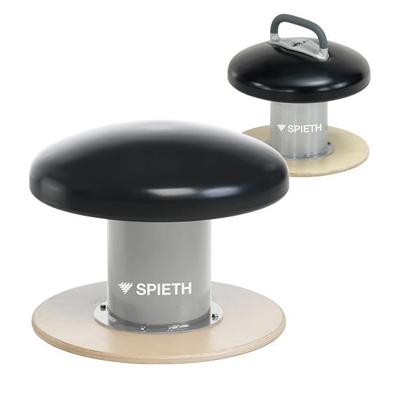 Zwei schwarze und graue Balancierpilze von Spieth für Gleichgewichtstraining auf weißem Hintergrund.