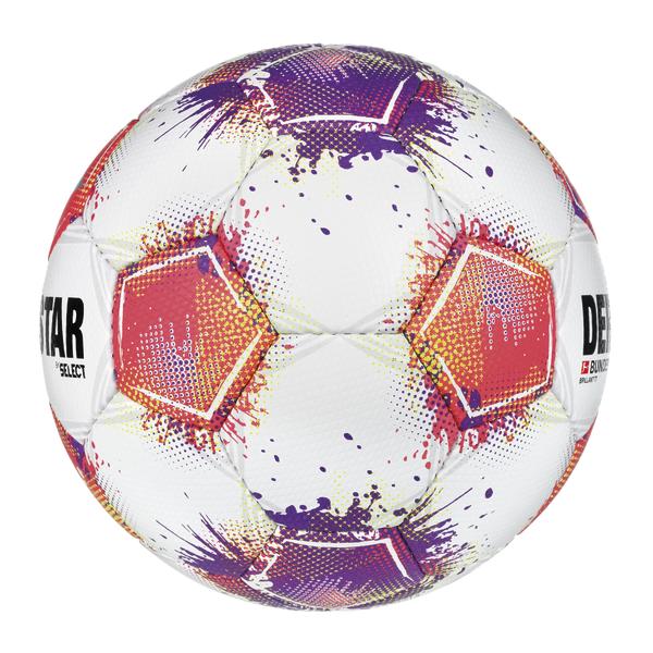 Weißer Fußball mit pink-lila Farbverläufen und gesprenkeltem Design vor weißem Hintergrund.