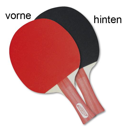 Zwei Tischtennisschläger mit roter Vorderseite und schwarzer Rückseite, Holzgriff sichtbar.