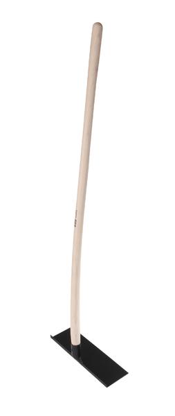 Gartenhacke mit langem Holzstiel und rechteckiger Metallklinge für Bodenbearbeitung.