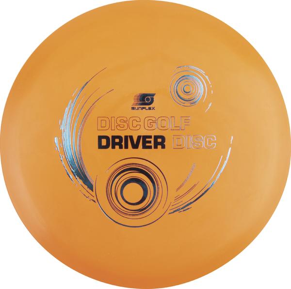Orange Disc Golf Driver Disc mit blauem und schwarzem Design und Schriftzug.