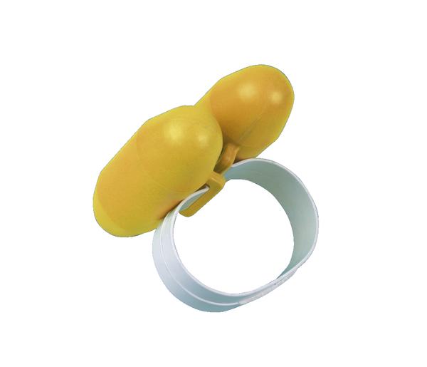 Gelber Fingertrainer mit verstellbarem weißen Band für Hand- und Fingerübungen.