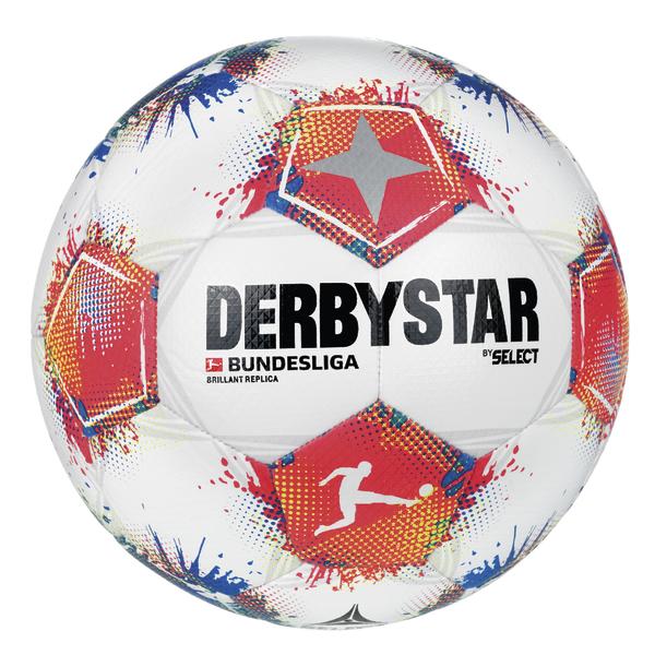 Weißer DERBYSTAR Bundesliga Brillant Replica Fußball mit rot-blauem Grafikdesign, Bundesliga-Logo und markantem DERBYSTAR-Schriftzug auf strukturierter Oberfläche