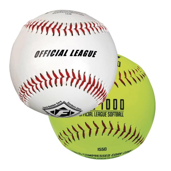 Weißer Baseball und gelber Softball mit roten Nähten, offizielle Liga-Bälle.