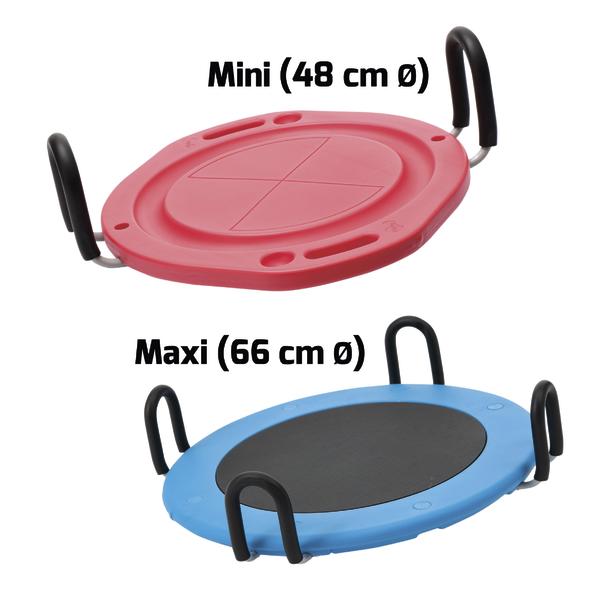 Zwei runde Balance-Boards in Mini (48 cm) und Maxi (66 cm) Größe mit Griffen, rot und blau.