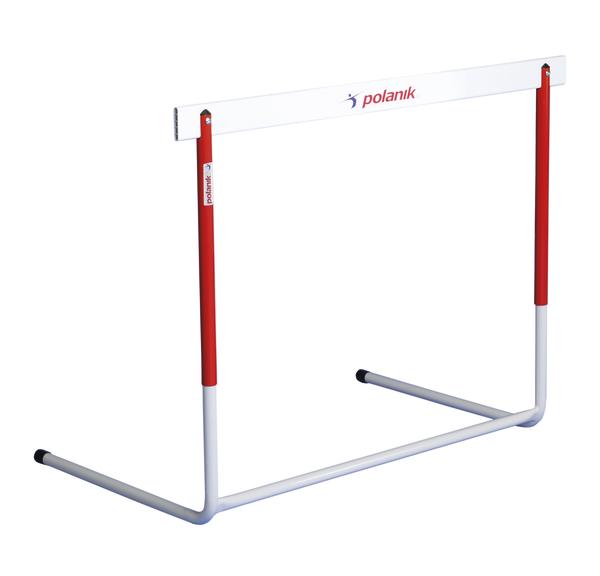 Hürdenlauf-Hürde aus Metall in Weiß und Rot mit Polanik-Logo, freistehend auf weißem Hintergrund.