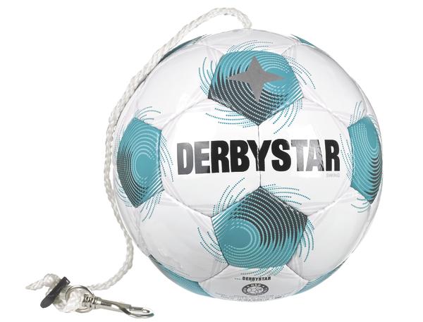 Weiß-türkiser DERBYSTAR Swing Fußball mit Spiraldesign und Befestigungsschnur für Techniktraining und Einzelübungen