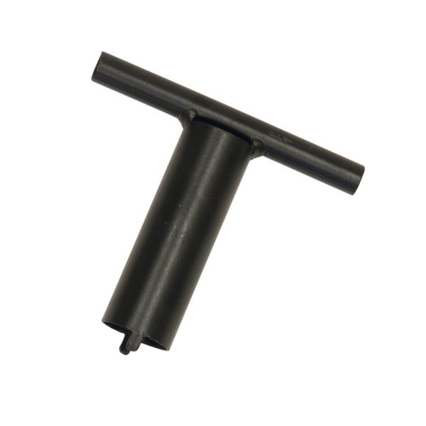 Schwarzer T-förmiger Schlüssel für Ventile oder spezielle Schrauben, isoliert auf weißem Hintergrund.