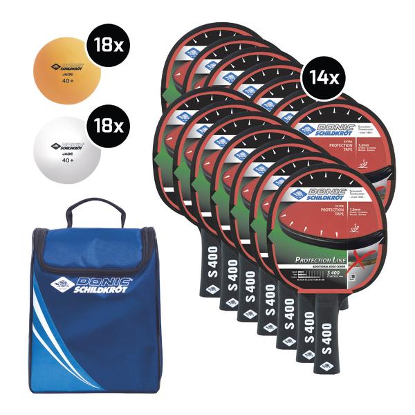 Tischtennisschläger-Set mit 14 Schlägern, 36 Bällen und blauem Tragebeutel von Donic Schildkröt.