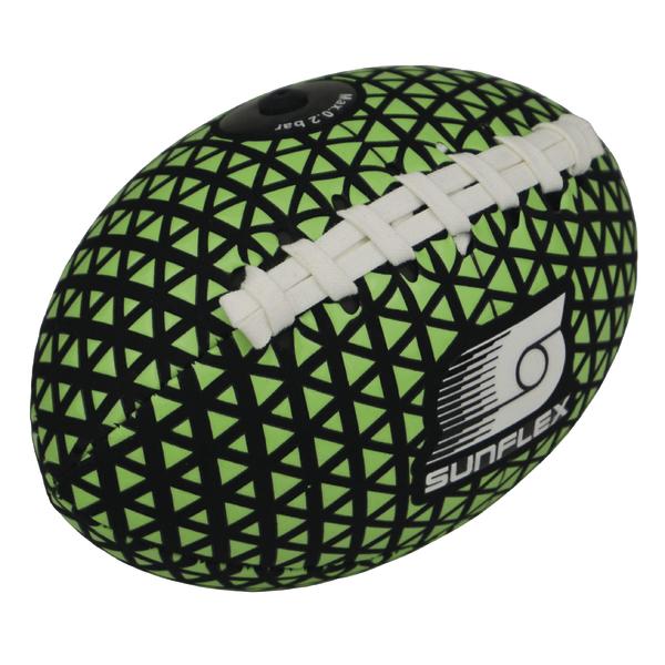 American-Football in leuchtendem Grün mit schwarzem Muster, weißer Schnürung und Sunflex-Logo.