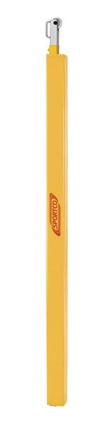 Gelbes Säulenschutzpolster mit silbernem Bügel und "SPORTCO" Logo, vertikal stehend.
