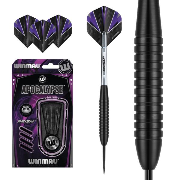 Schwarze und violette Winmau Apocalypse Darts mit geriffeltem Griff und Verpackung.