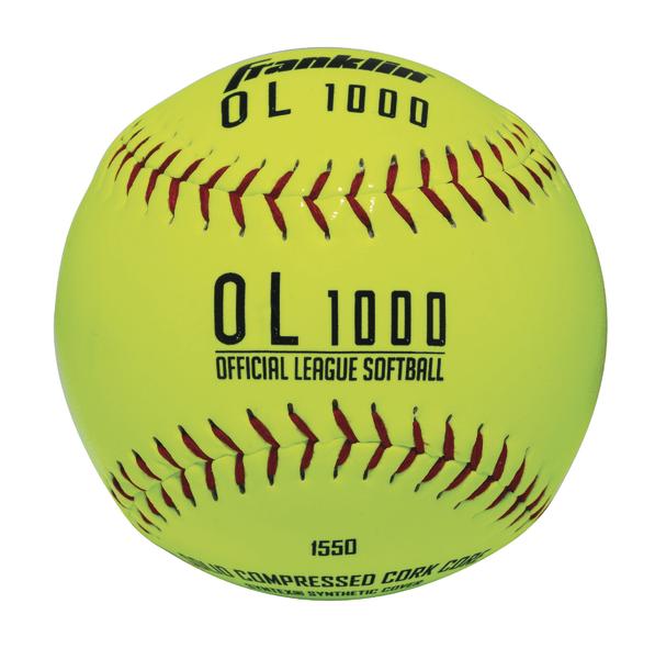 Softball Franklin OL 1000 in leuchtendem Gelb mit roten Nähten, offizieller Liga-Ball.