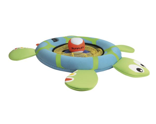 Aufblasbares Wasserspiel in Schildkrötenform mit Netz und Ball für Poolspaß.