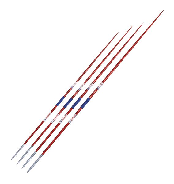 Vier rote Speere mit blauen Griffen und silbernen Spitzen auf weißem Hintergrund.