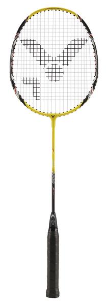 Badmintonschläger mit gelbem Rahmen und schwarzem Griff, freigestellt auf weißem Hintergrund.