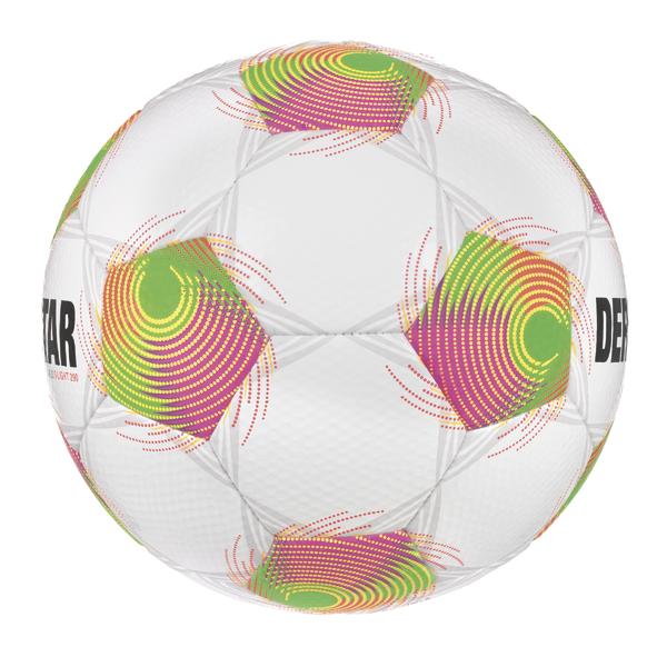 Weißer Fußball mit bunten grafischen Mustern in Grün, Pink und Gelb.