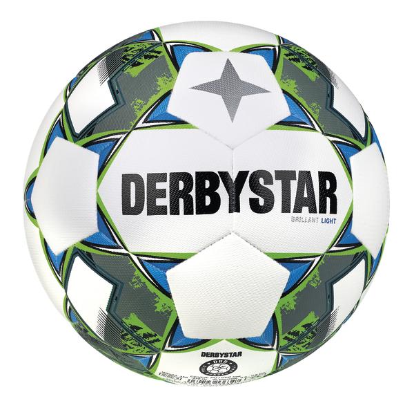 Weißer Derbystar Fußball mit blau-grünem Sternmuster, ideal für Training und Spiele.