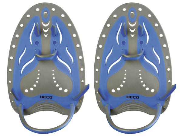 Paar blaue und graue Schwimmflossen mit verstellbaren Riemen für das Schwimmtraining.