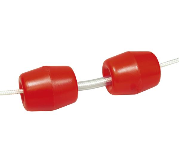 Rote Schwimmkörper an weißer Leine für Wasserbegrenzungen oder Sicherheit im Schwimmbad.