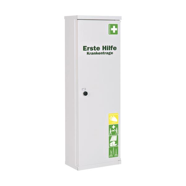 Erste-Hilfe-Schrank für Krankentrage mit Symbolen für medizinische Versorgung und Verbandmaterial.