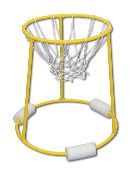 Gelber Basketballkorb mit Netz und Schwimmkörpern für Wasserbasketball