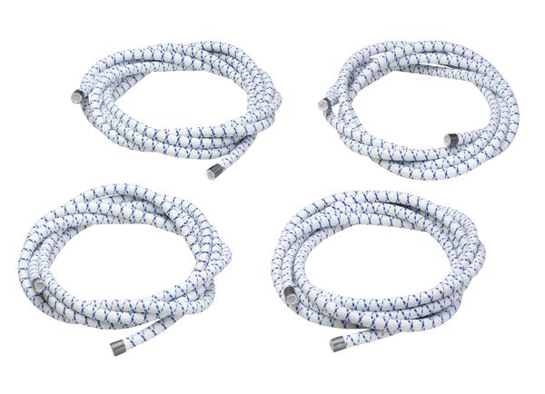 Vier weiße flexible Gummikabel für Absprungtrampoline.