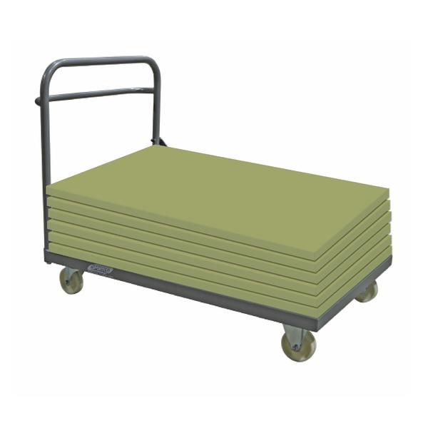 Transportwagen mit mehreren grünen Schaumstoffmatten, ideal für Lager und Logistik.