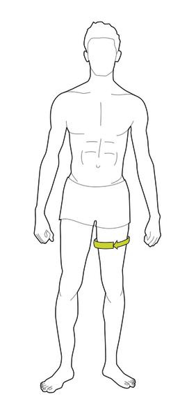 Illustration eines männlichen Körpers mit Maßband um den Oberschenkel für die richtige Messung.