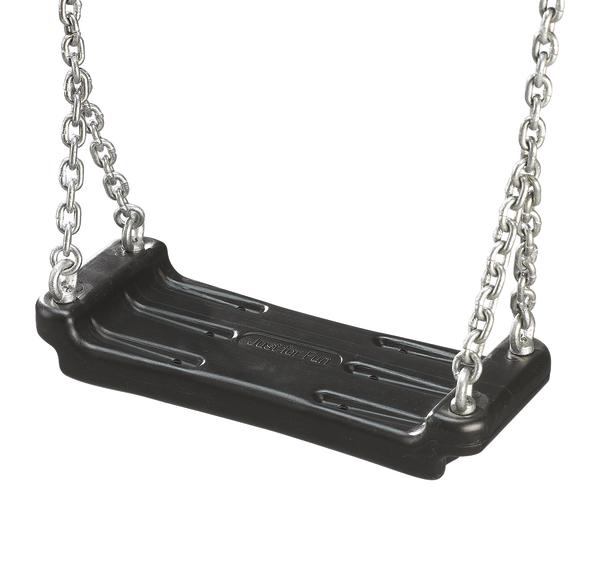Schwarzer Kunststoff-Schaukelbrett mit Metallketten für Kinderschaukel.
