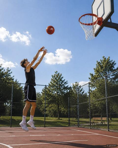 Junge beim Sprungwurf mit einem roten Basketball auf einem Basketballplatz im Freien.