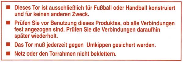 Sicherheitshinweise für Fußball- und Handballtor zur richtigen Nutzung und Wartung.