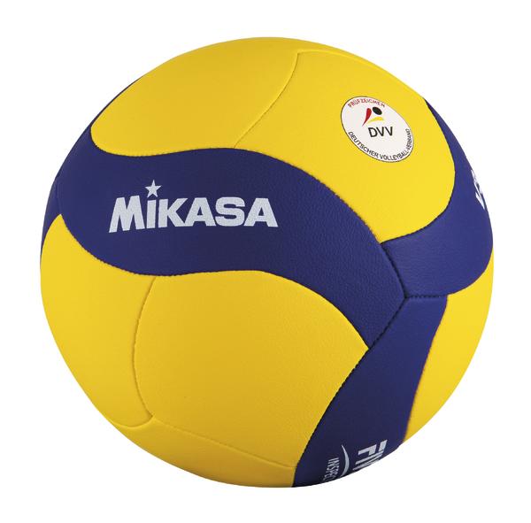 Gelb-blauer Mikasa Volleyball mit DVV-Logo, offizieller Spielball für Volleyballspiele.