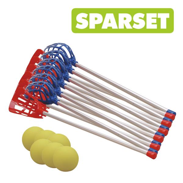 Sparset mit sechs Lacrosse-Schlägern und vier gelben Bällen für Kinder.