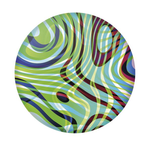 Runde Wurfscheibe au Silikon mit abstraktem Muster in den Farben Grün, Blau, Rot.