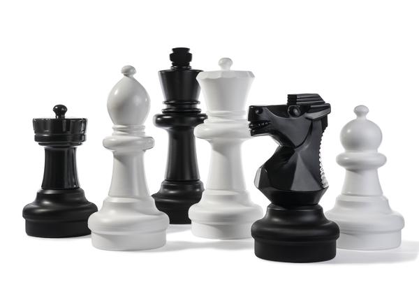 Schwarz-weiße Schachfiguren in einer Reihe auf weißem Hintergrund, strategisches Spiel.