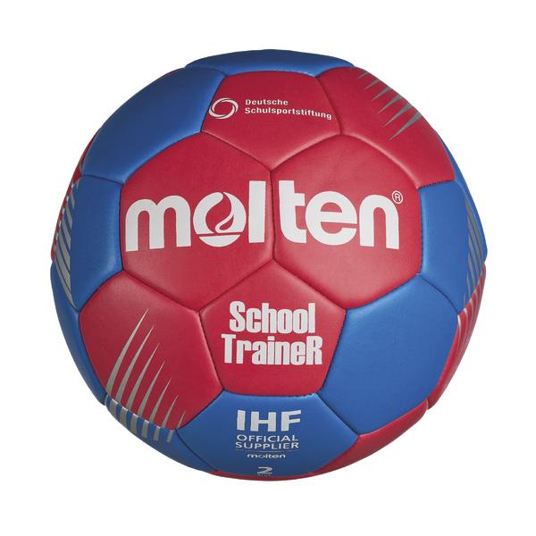 Blau-pinker Handball mit Aufschrift „molten School Trainer“ und IHF-Logo vor weißem Hintergrund.