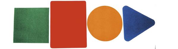 Bunte geometrische Fliesen – grünes Quadrat, rotes Rechteck, orange Kreis und blaues Dreieck.