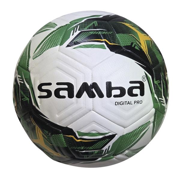 Weißer SAMBA Digital Pro Fußball mit grün-schwarz-goldenem Grafikdesign.