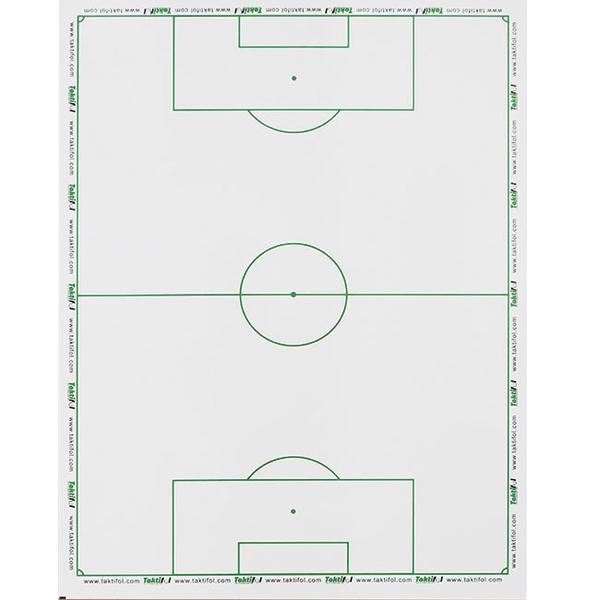 Übersichtliches Fußballfeld mit Mittellinie und Torbereichen, grüne Linien auf weißem Hintergrund.