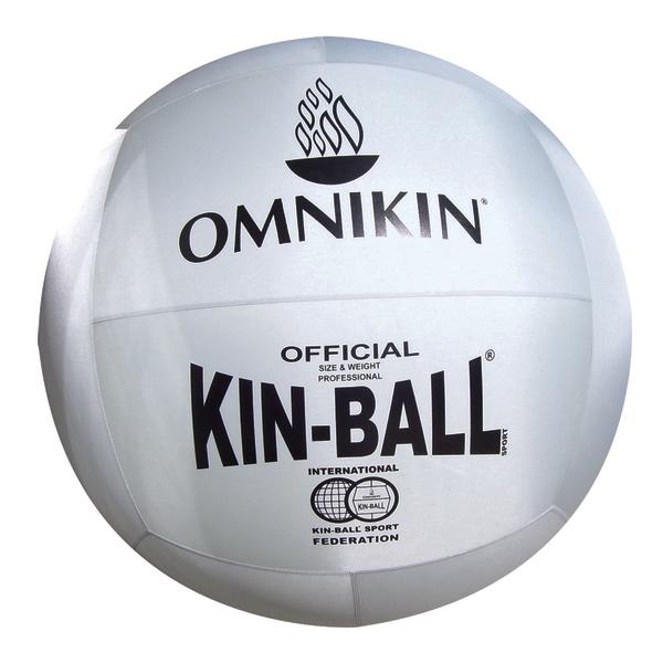 Weißer offizieller Omnikin Kin-Ball Sportball mit Logo und Schriftzug.