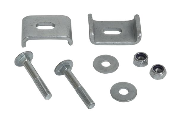 Montageset mit Schrauben, Muttern, Unterlegscheiben und Metallklammern für Befestigung.