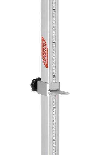 Höhenverstellbare Aluminium-Messlatte mit Skala und Halteplatte für präzise Messungen.