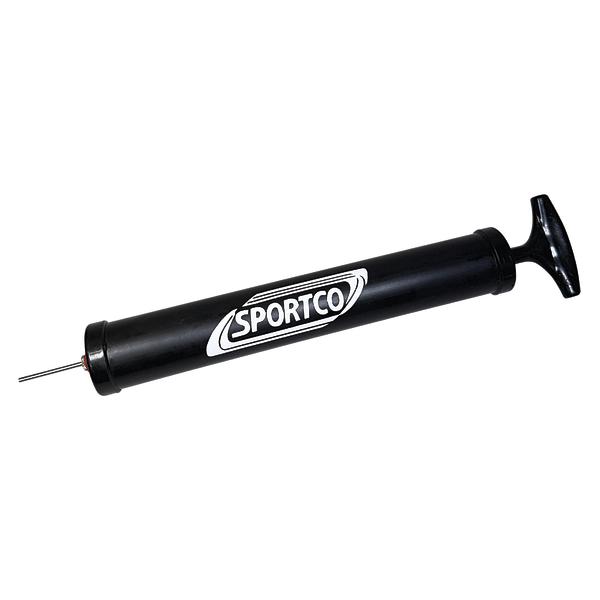Schwarze Handpumpe mit Nadel von Sportco zum Aufpumpen von Bällen und Sportgeräten.