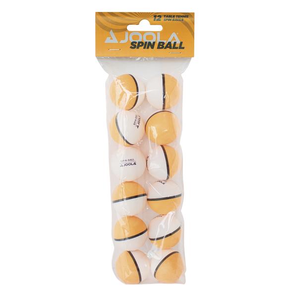 12er Pack Joola Spin Ball Tischtennisbälle in Weiß und Orange mit schwarzem Streifen.