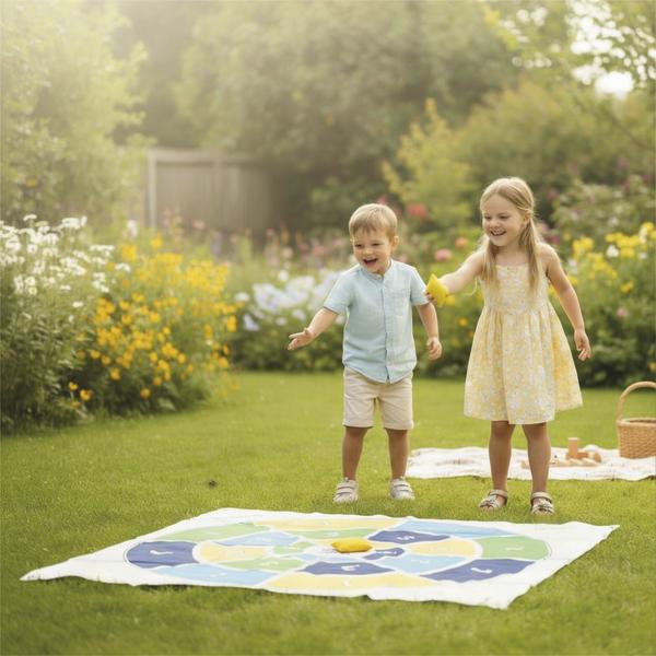 Zwei Kinder werfen Wurfkissen auf eine Spielmatte im Garten.